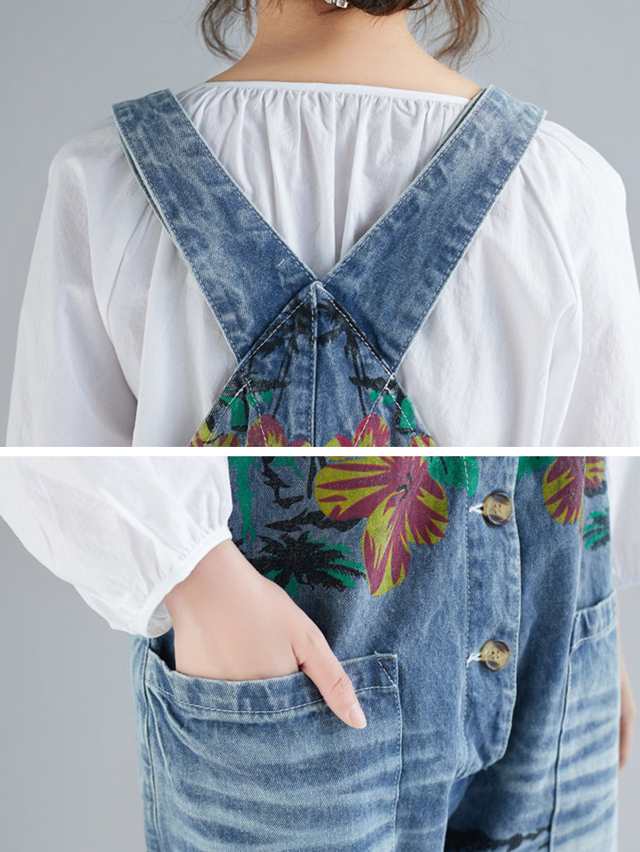 Women Summer Flower Denim Pocket Jumpsuits AS1040 BUYKUD