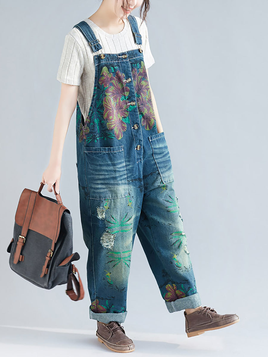 Women Summer Flower Denim Pocket Jumpsuits AS1040 BUYKUD