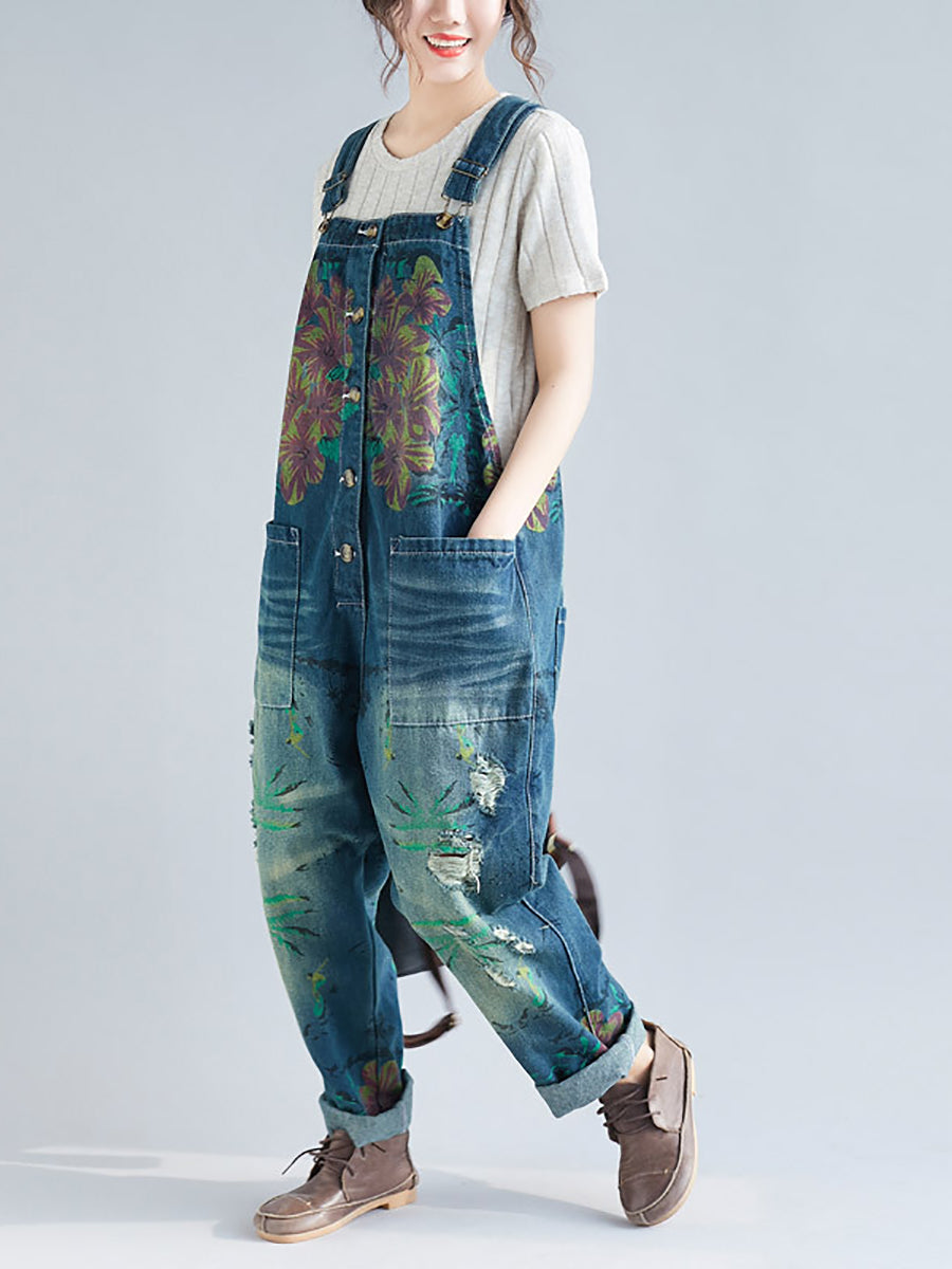 Women Summer Flower Denim Pocket Jumpsuits AS1040 BUYKUD