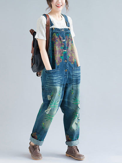 Women Summer Flower Denim Pocket Jumpsuits AS1040 BUYKUD