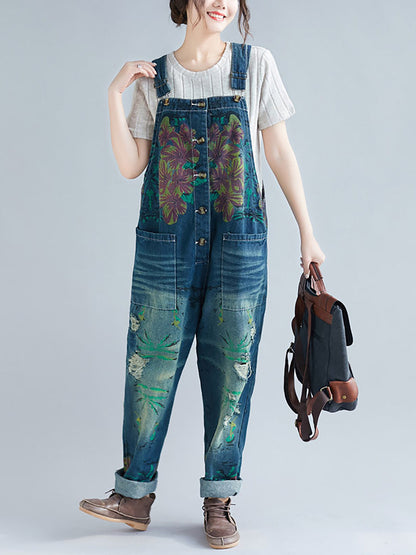 Women Summer Flower Denim Pocket Jumpsuits AS1040 BUYKUD