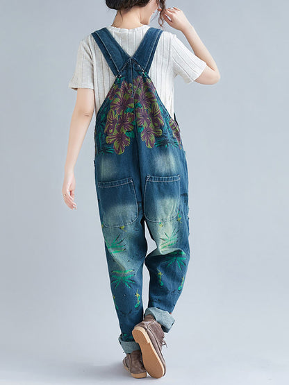 Women Summer Flower Denim Pocket Jumpsuits AS1040 BUYKUD