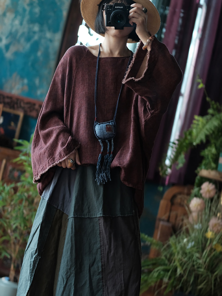 Women Vintage Raw-edge Solid Loose Cotton Blouse AS1045 BUYKUD