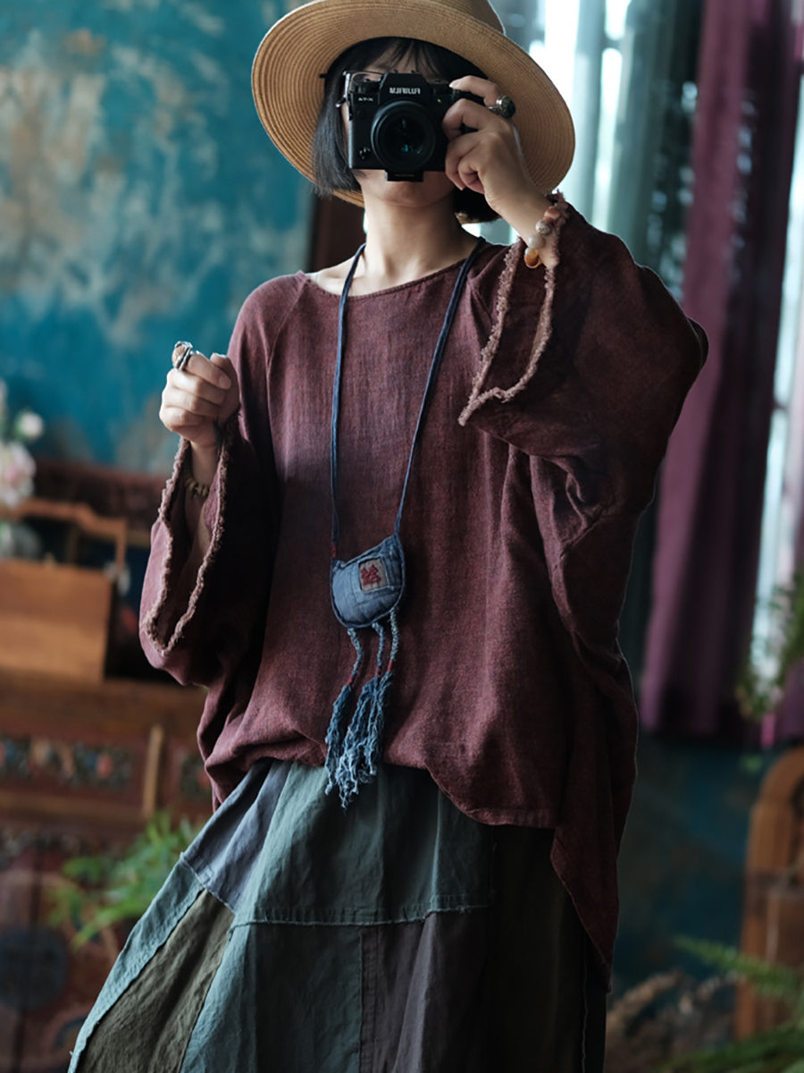 Women Vintage Raw-edge Solid Loose Cotton Blouse AS1045 BUYKUD