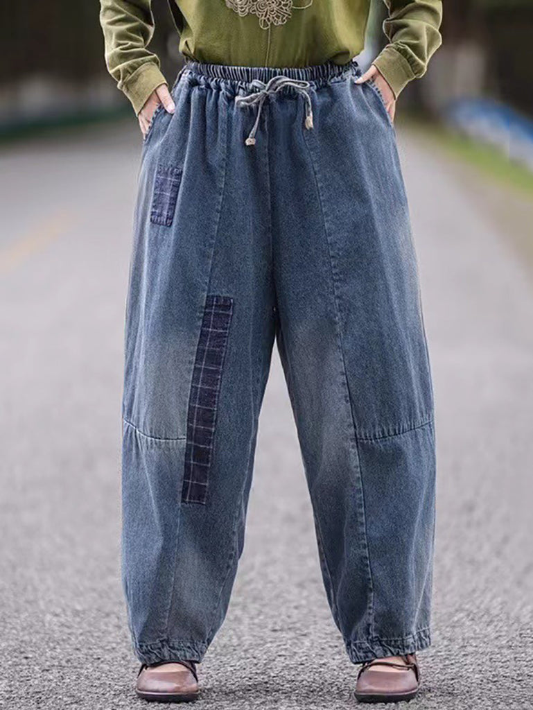 Women Autumn Retro Patch Denim Spliced Harem Pants AS1034 BUYKUD