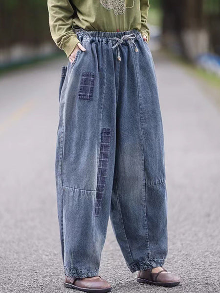 Women Autumn Retro Patch Denim Spliced Harem Pants AS1034 BUYKUD
