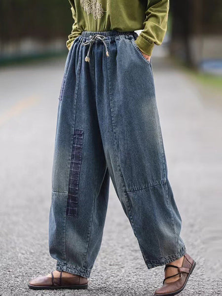 Women Autumn Retro Patch Denim Spliced Harem Pants AS1034 BUYKUD