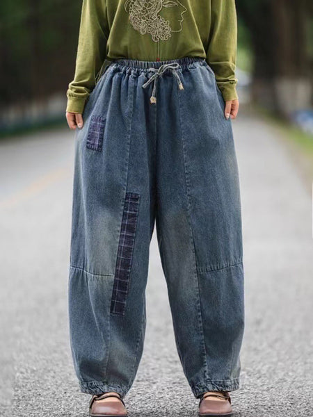 Women Autumn Retro Patch Denim Spliced Harem Pants AS1034 BUYKUD