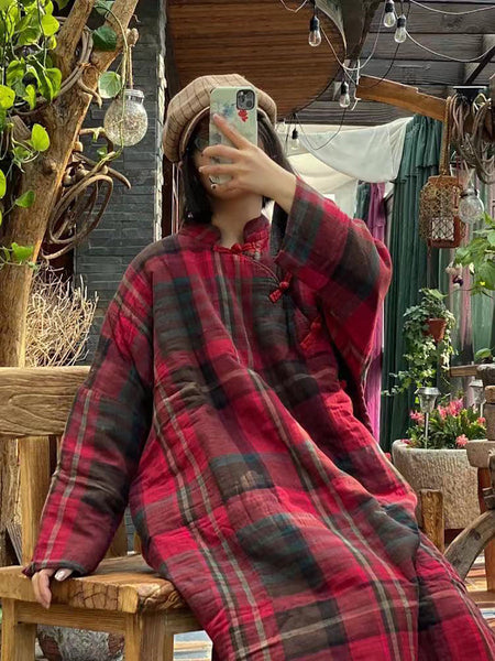 Women Vintage Plaid Winter Button Cotton Robe Coat AS1044 JSHY