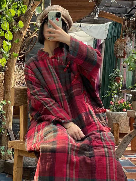 Women Vintage Plaid Winter Button Cotton Robe Coat AS1044 JSHY