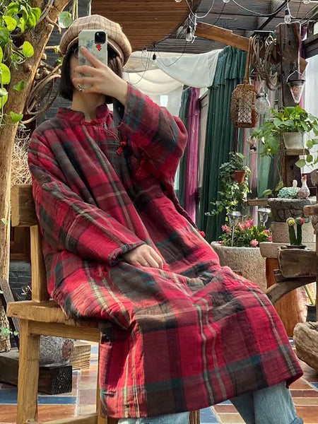 Women Vintage Plaid Winter Button Cotton Robe Coat AS1044 JSHY