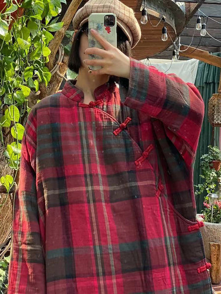 Women Vintage Plaid Winter Button Cotton Robe Coat AS1044 JSHY