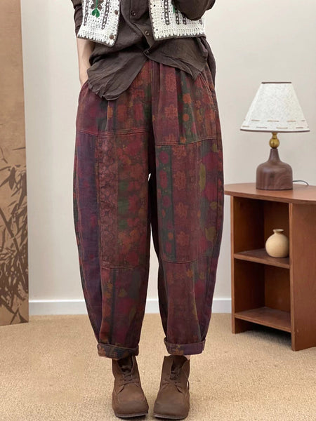 Women Autumn Retro Flower Spliced Cotton Harem Pants AS1033 GLL