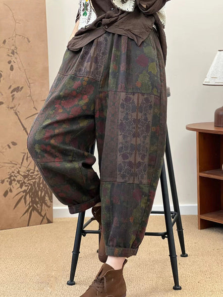 Women Autumn Retro Flower Spliced Cotton Harem Pants AS1033 GLL