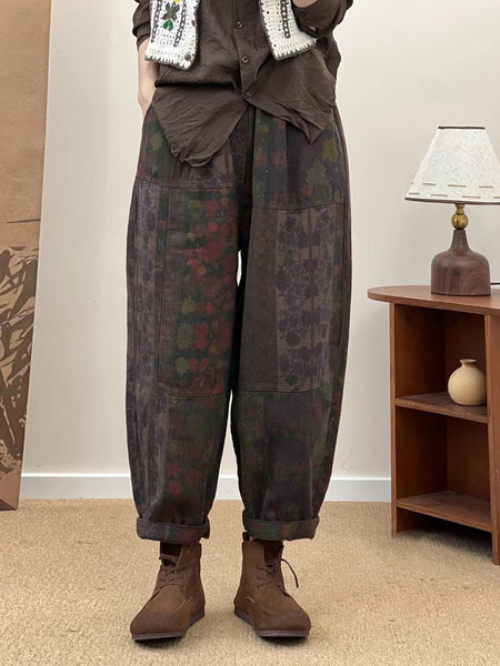 Women Autumn Retro Flower Spliced Cotton Harem Pants AS1033 GLL