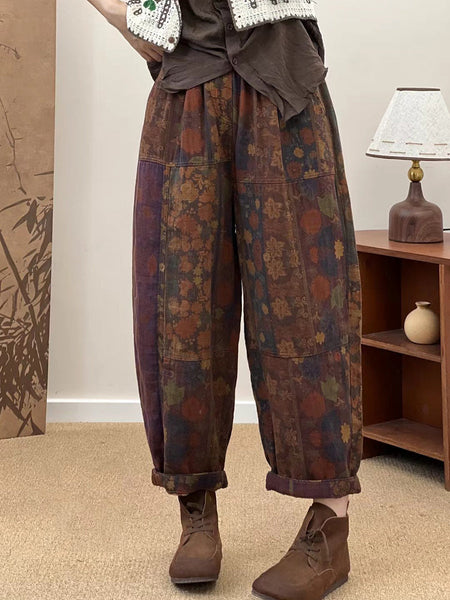 Women Autumn Retro Flower Spliced Cotton Harem Pants AS1033 GLL