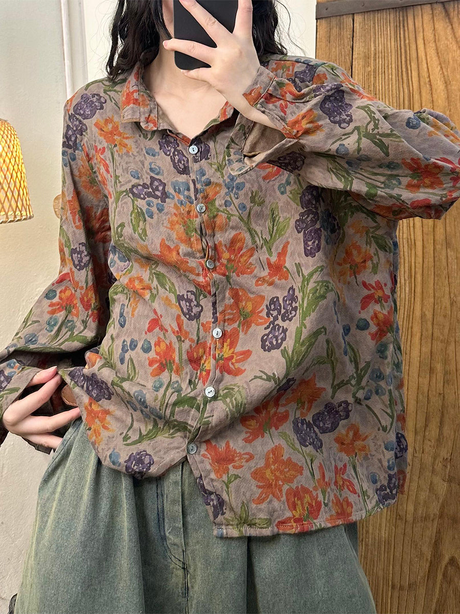 Women Autumn Flower Button-up Turn-down Collar Cotton Blouse AS1032 BUYKUD