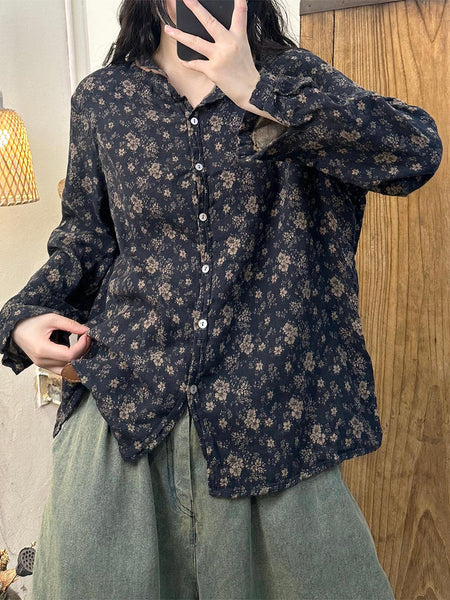 Women Autumn Flower Button-up Turn-down Collar Cotton Blouse AS1032 BUYKUD