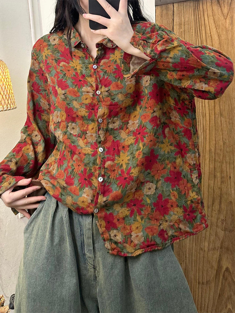 Women Autumn Flower Button-up Turn-down Collar Cotton Blouse AS1032 BUYKUD