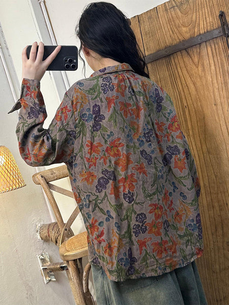 Women Autumn Flower Button-up Turn-down Collar Cotton Blouse AS1032 BUYKUD