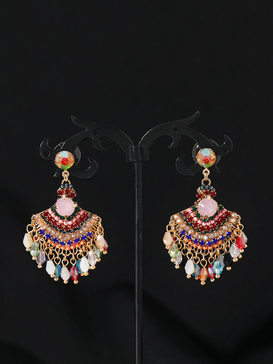 Women Vintage Crystal Tassel Fan Shape Earrings AS1028 BUYKUD