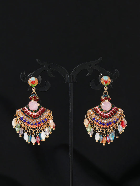 Women Vintage Crystal Tassel Fan Shape Earrings AS1028 BUYKUD