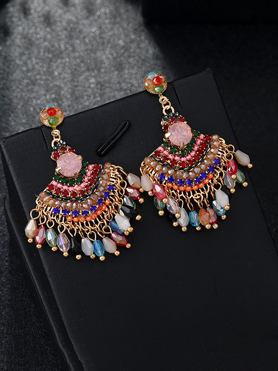 Women Vintage Crystal Tassel Fan Shape Earrings AS1028 BUYKUD