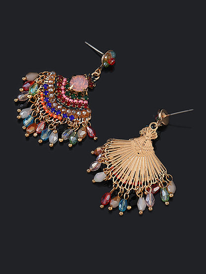 Women Vintage Crystal Tassel Fan Shape Earrings AS1028 BUYKUD