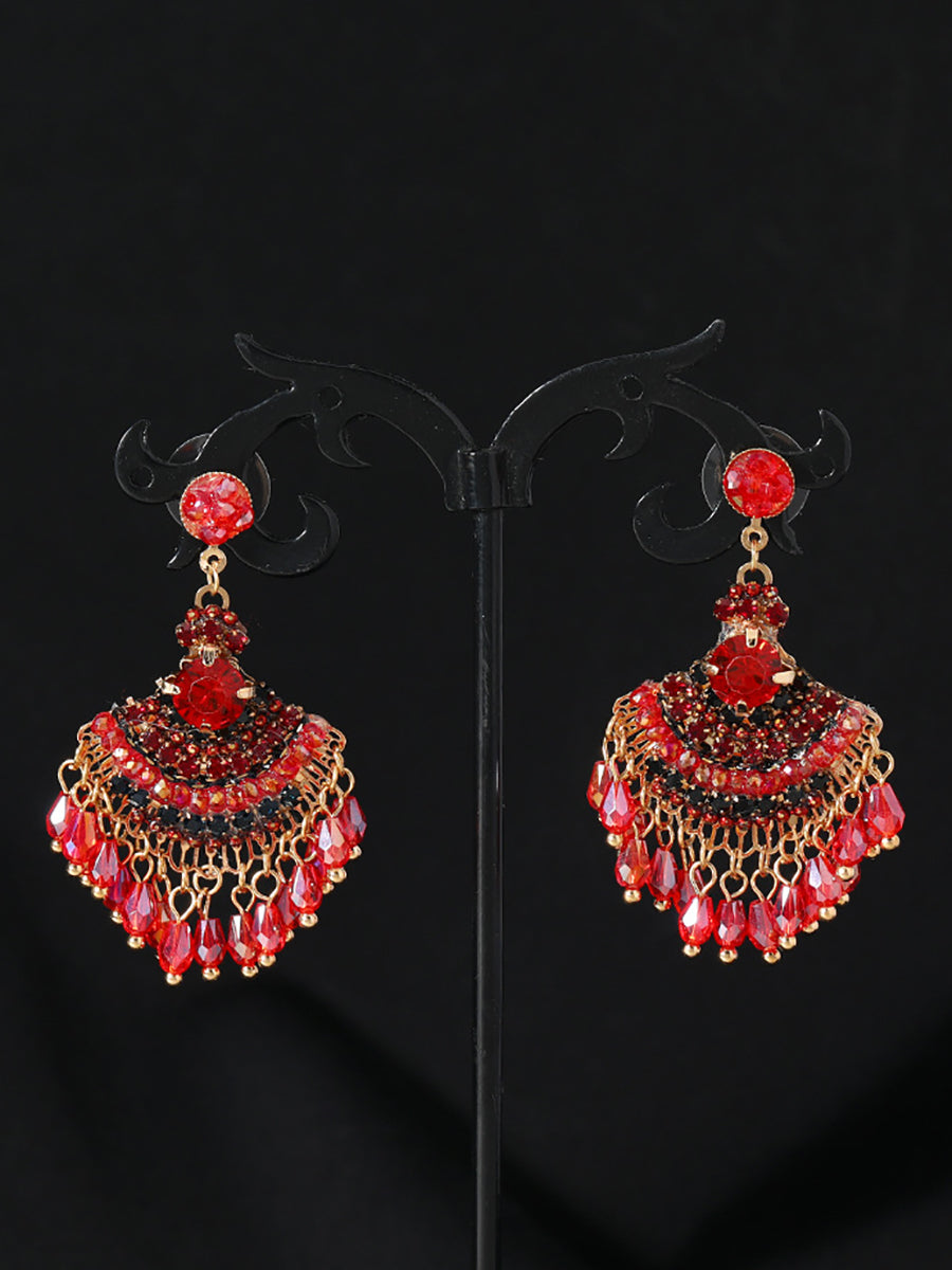 Women Vintage Crystal Tassel Fan Shape Earrings AS1028 BUYKUD