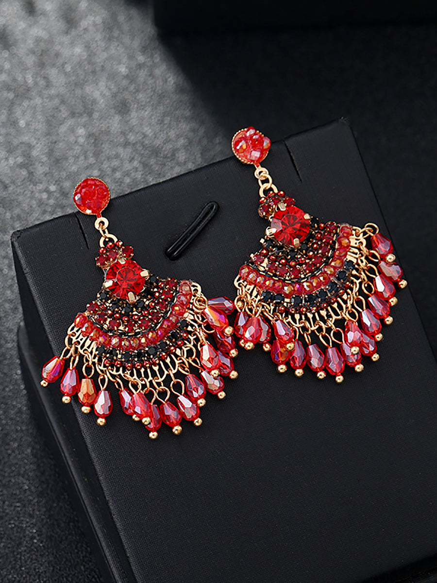 Women Vintage Crystal Tassel Fan Shape Earrings AS1028 BUYKUD