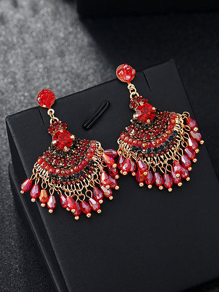 Women Vintage Crystal Tassel Fan Shape Earrings AS1028 BUYKUD