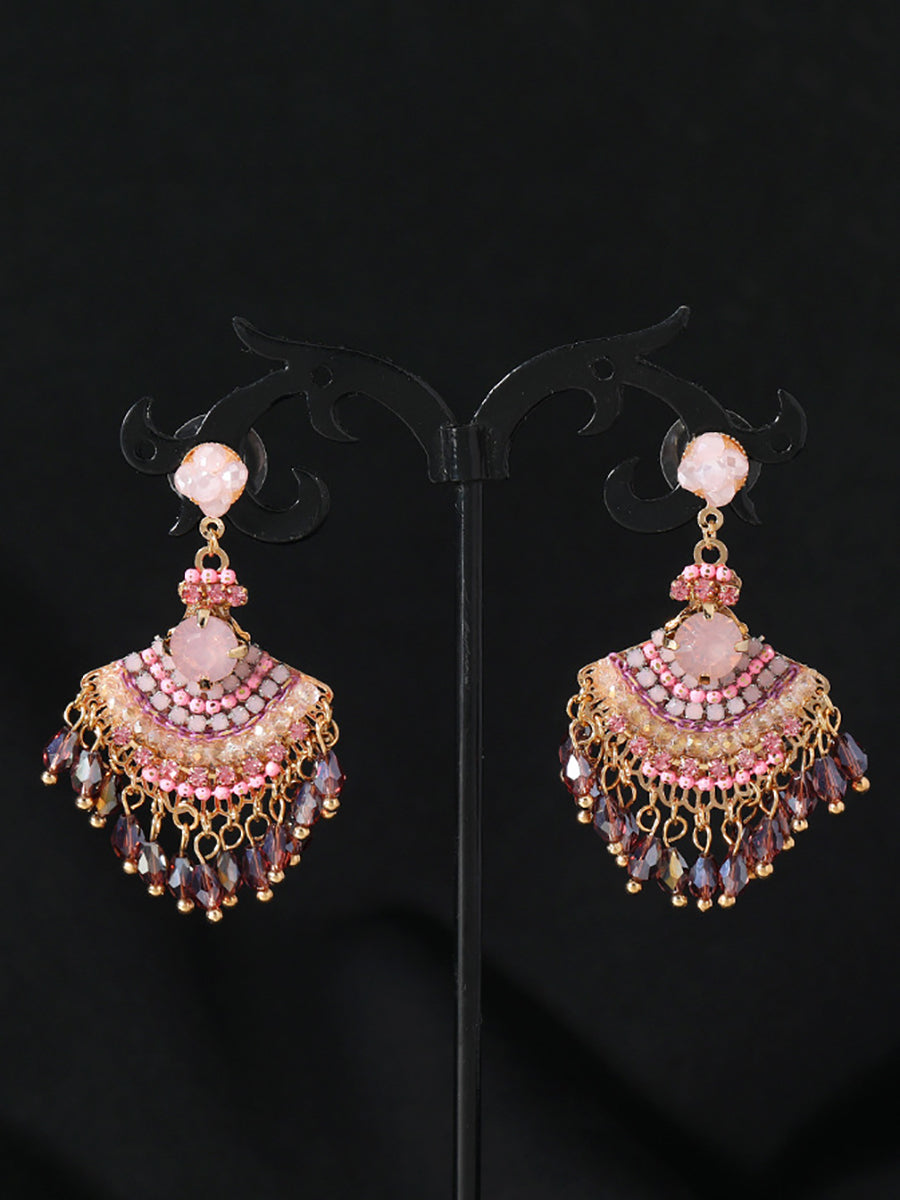 Women Vintage Crystal Tassel Fan Shape Earrings AS1028 BUYKUD