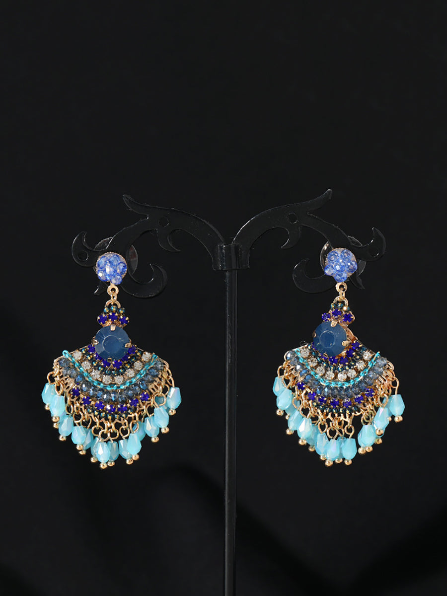 Women Vintage Crystal Tassel Fan Shape Earrings AS1028 BUYKUD