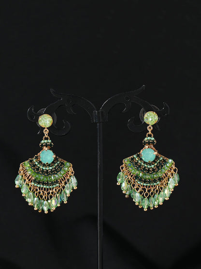 Women Vintage Crystal Tassel Fan Shape Earrings AS1028 BUYKUD