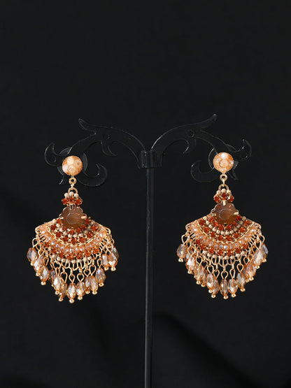 Women Vintage Crystal Tassel Fan Shape Earrings AS1028 BUYKUD