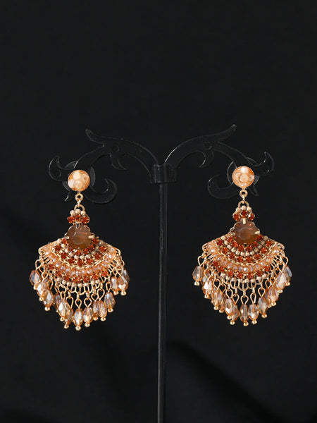 Women Vintage Crystal Tassel Fan Shape Earrings AS1028 BUYKUD