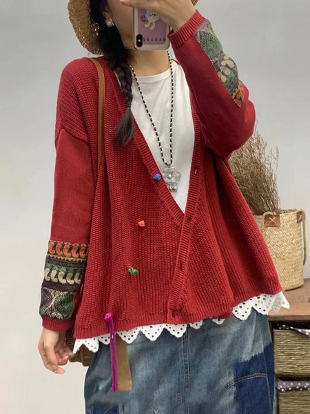 Women Autumn Vintage Patch V-Neck Knit Sweater AS1025 BUYKUD