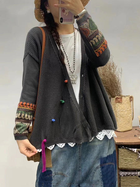 Women Autumn Vintage Patch V-Neck Knit Sweater AS1025 BUYKUD