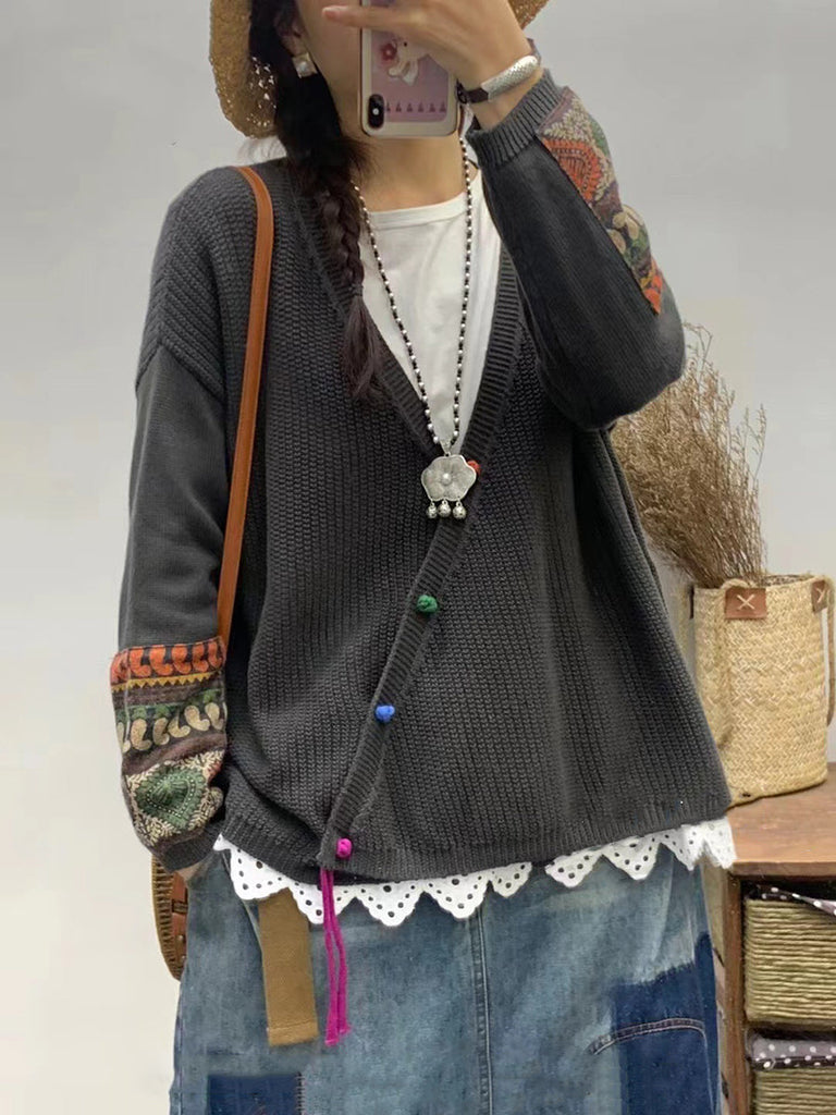 Women Autumn Vintage Patch V-Neck Knit Sweater AS1025 BUYKUD