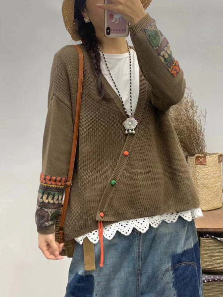 Women Autumn Vintage Patch V-Neck Knit Sweater AS1025 BUYKUD