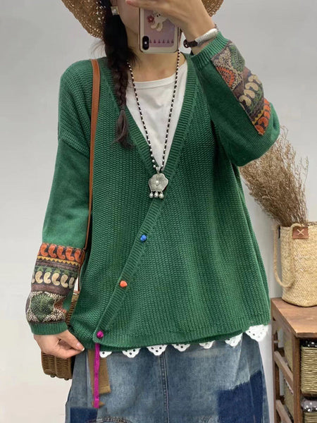 Women Autumn Vintage Patch V-Neck Knit Sweater AS1025 BUYKUD