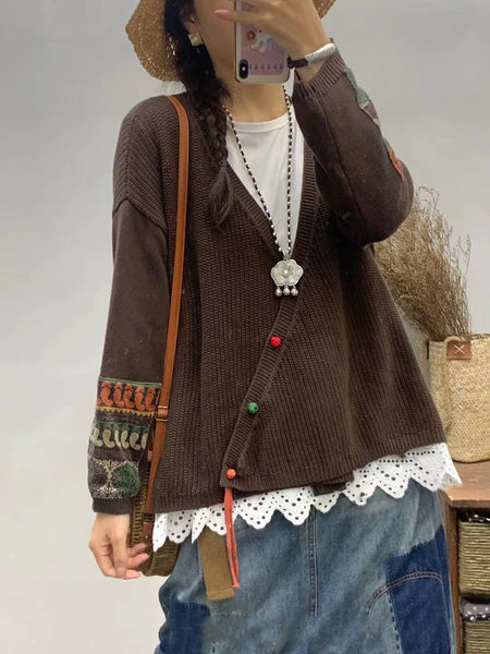 Women Autumn Vintage Patch V-Neck Knit Sweater AS1025 BUYKUD