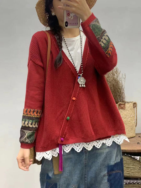 Women Autumn Vintage Patch V-Neck Knit Sweater AS1025 BUYKUD