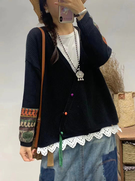 Women Autumn Vintage Patch V-Neck Knit Sweater AS1025 BUYKUD