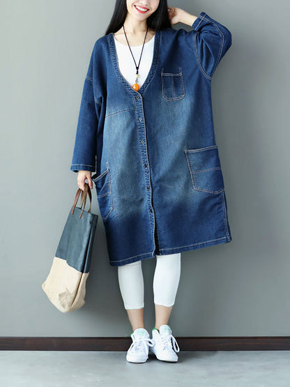 Women Autumn Casual Flower Patch Back Denim Coat AS1021 BUYKUD