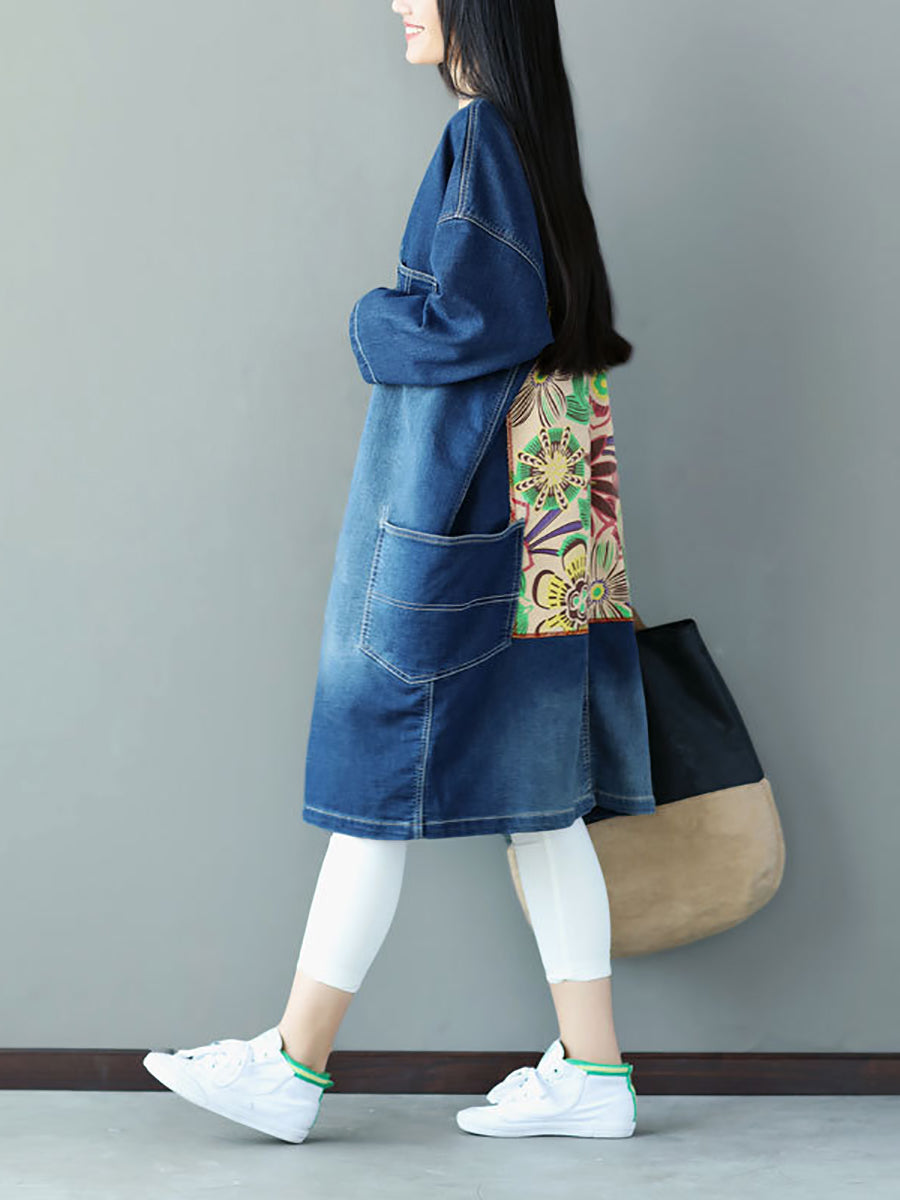 Women Autumn Casual Flower Patch Back Denim Coat AS1021 BUYKUD