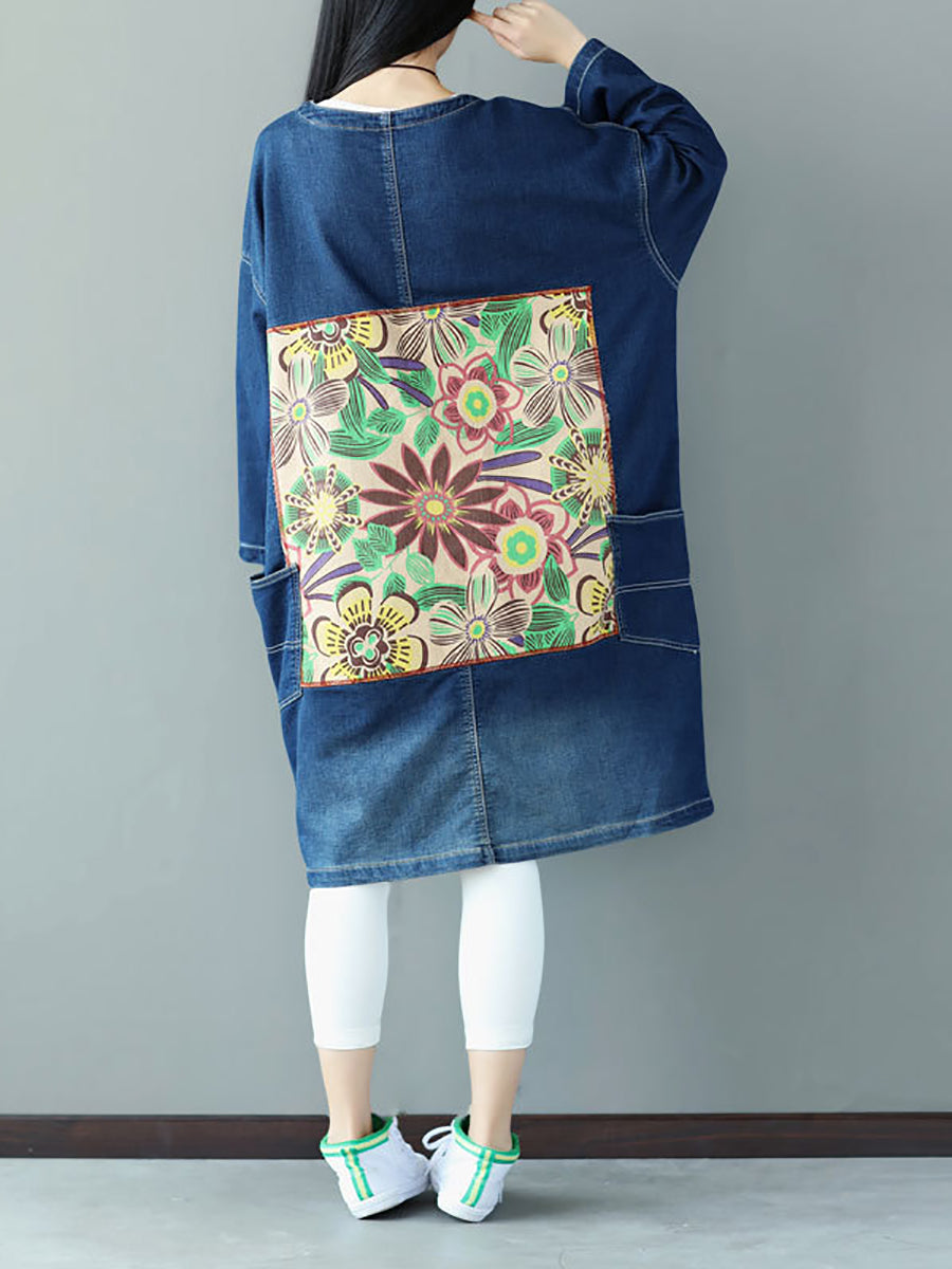 Women Autumn Casual Flower Patch Back Denim Coat AS1021 BUYKUD