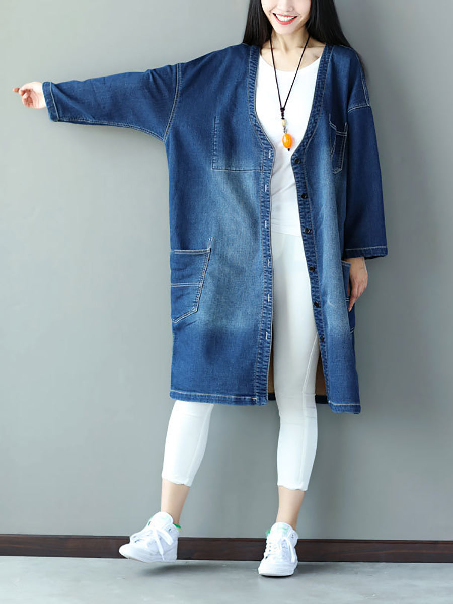 Women Autumn Casual Flower Patch Back Denim Coat AS1021 BUYKUD