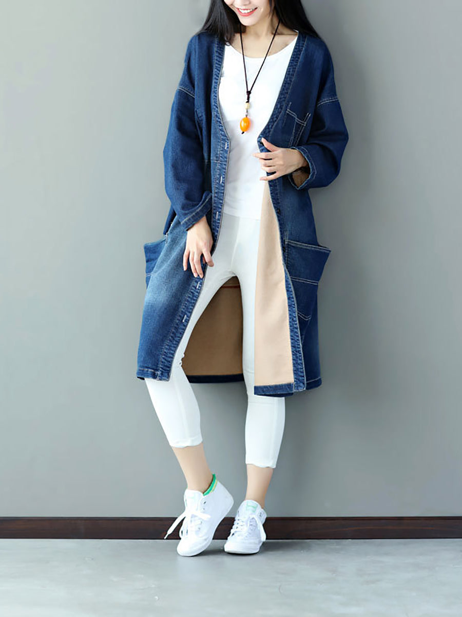 Women Autumn Casual Flower Patch Back Denim Coat AS1021 BUYKUD