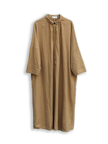 Women Artsy Autumn Solid Turn-down Collar Cotton Dress AT1057 NLS